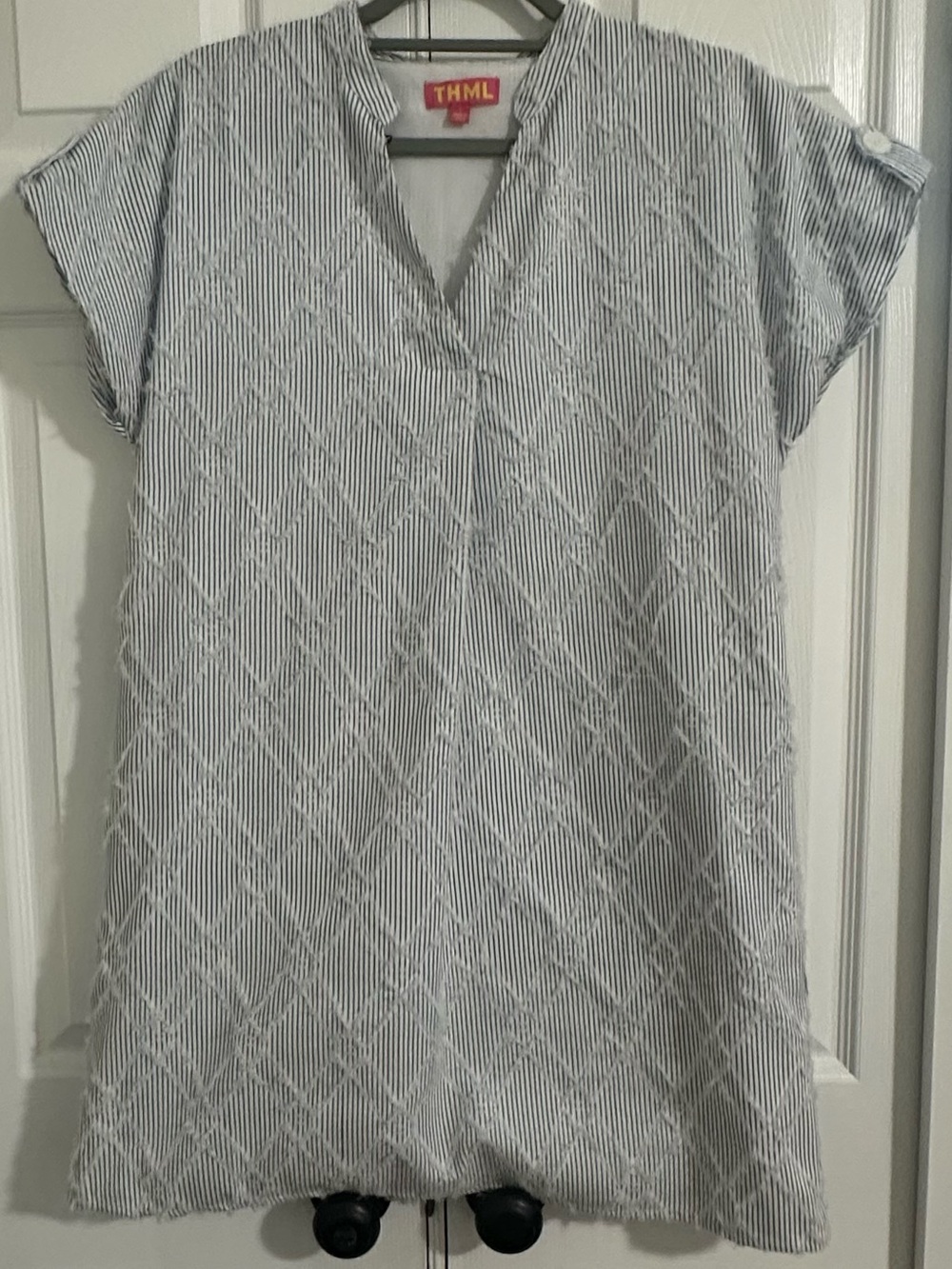 THML Blue and White Striped Embroidered V-Neck Tunic